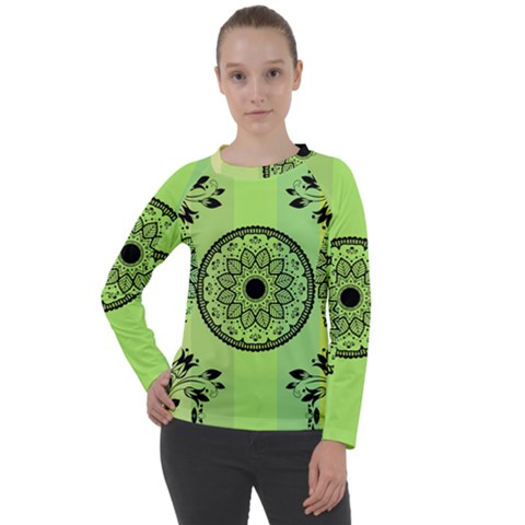 Green Grid Cute Flower Mandala Women s Long Sleeve Raglan Tee by Magicworlddreamarts1