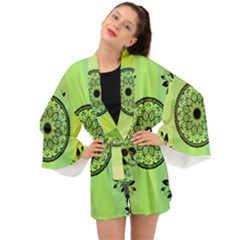 Green Grid Cute Flower Mandala Long Sleeve Kimono by Magicworlddreamarts1