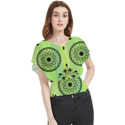 Green Grid Cute Flower Mandala Butterfly Chiffon Blouse by Magicworlddreamarts1