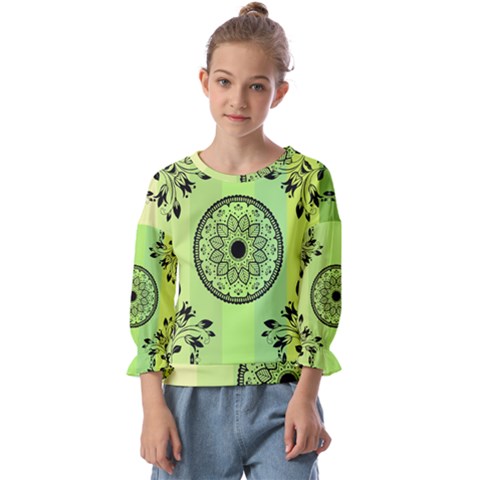 Green Grid Cute Flower Mandala Kids  Cuff Sleeve Top by Magicworlddreamarts1