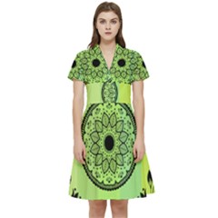 Green Grid Cute Flower Mandala Short Sleeve Waist Detail Dress