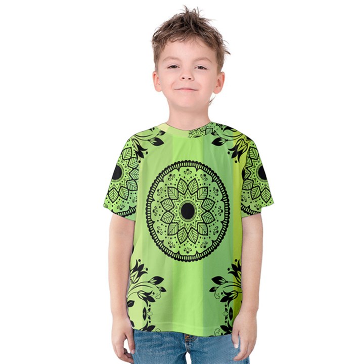 Green Grid Cute Flower Mandala Kids  Cotton Tee