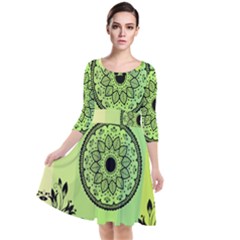 Green Grid Cute Flower Mandala Quarter Sleeve Waist Band Dress