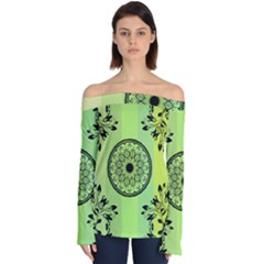 Green Grid Cute Flower Mandala Off Shoulder Long Sleeve Top by Magicworlddreamarts1