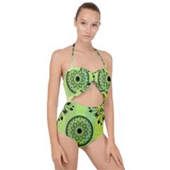 Green Grid Cute Flower Mandala Scallop Top Cut Out Swimsuit
