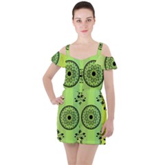 Green Grid Cute Flower Mandala Ruffle Cut Out Chiffon Playsuit