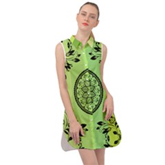 Green Grid Cute Flower Mandala Sleeveless Shirt Dress