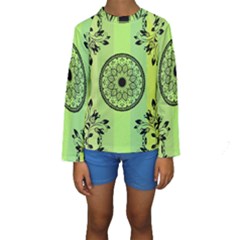 Green Grid Cute Flower Mandala Kids  Long Sleeve Swimwear