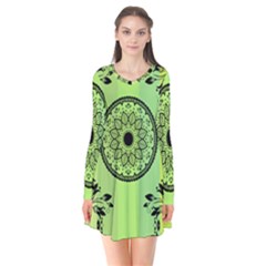 Green Grid Cute Flower Mandala Long Sleeve V-neck Flare Dress