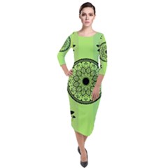 Green Grid Cute Flower Mandala Quarter Sleeve Midi Velour Bodycon Dress