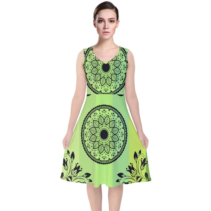 Green Grid Cute Flower Mandala V-Neck Midi Sleeveless Dress 