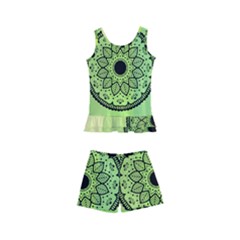 Green Grid Cute Flower Mandala Kids  Boyleg Swimsuit