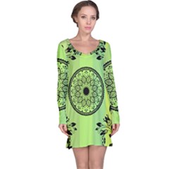 Green Grid Cute Flower Mandala Long Sleeve Nightdress by Magicworlddreamarts1