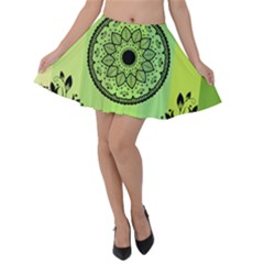 Green Grid Cute Flower Mandala Velvet Skater Skirt by Magicworlddreamarts1