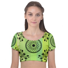 Green Grid Cute Flower Mandala Velvet Short Sleeve Crop Top  by Magicworlddreamarts1