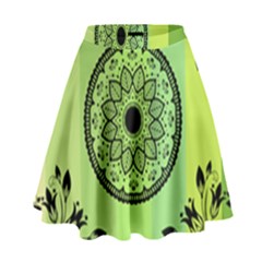 Green Grid Cute Flower Mandala High Waist Skirt by Magicworlddreamarts1