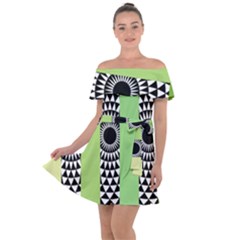  Green Check Pattern, Vertical Mandala Off Shoulder Velour Dress by Magicworlddreamarts1