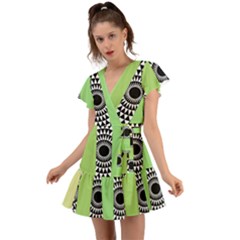  Green Check Pattern, Vertical Mandala Flutter Sleeve Wrap Dress by Magicworlddreamarts1