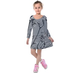 Grey Colors Flowers And Branches Illustration Print Kids  Long Sleeve Velvet Dress by dflcprintsclothing