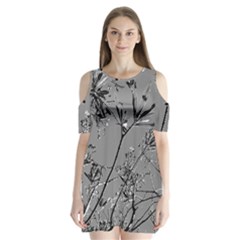 Grey Colors Flowers And Branches Illustration Print Shoulder Cutout Velvet One Piece by dflcprintsclothing