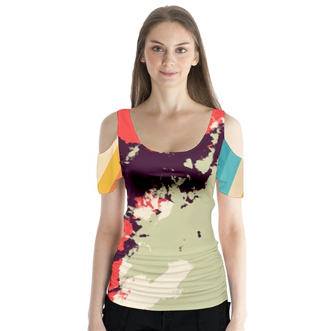 Abstract Colorful Pattern Butterfly Sleeve Cutout Tee  by AlphaOmega
