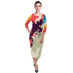Abstract Colorful Pattern Quarter Sleeve Midi Velour Bodycon Dress by AlphaOmega