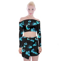 Starry Night With Foxes, Cats And An Owl Moon Off Shoulder Top With Mini Skirt Set