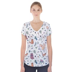 Funny Cats Short Sleeve Front Detail Top by SychEva