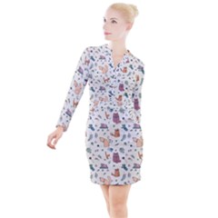 Funny Cats Button Long Sleeve Dress by SychEva