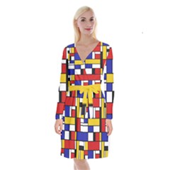 Stripes And Colors Textile Pattern Retro Long Sleeve Velvet Front Wrap Dress by DinzDas