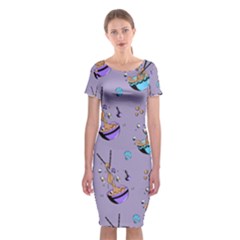 Japanese Ramen Sushi Noodles Rice Bowl Food Pattern Classic Short Sleeve Midi Dress by DinzDas