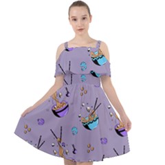 Japanese Ramen Sushi Noodles Rice Bowl Food Pattern Cut Out Shoulders Chiffon Dress by DinzDas