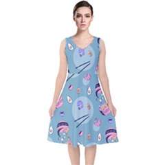 Japanese Ramen Sushi Noodles Rice Bowl Food Pattern 2 V-neck Midi Sleeveless Dress  by DinzDas