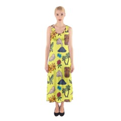 Tropical Island Tiki Parrots, Mask And Palm Trees Sleeveless Maxi Dress by DinzDas