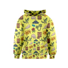 Tropical Island Tiki Parrots, Mask And Palm Trees Kids  Pullover Hoodie by DinzDas