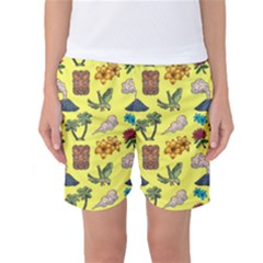 Tropical Island Tiki Parrots, Mask And Palm Trees Women s Basketball Shorts by DinzDas