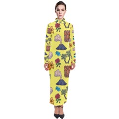 Tropical Island Tiki Parrots, Mask And Palm Trees Turtleneck Maxi Dress