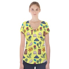 Tropical Island Tiki Parrots, Mask And Palm Trees Short Sleeve Front Detail Top by DinzDas