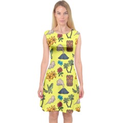 Tropical Island Tiki Parrots, Mask And Palm Trees Capsleeve Midi Dress by DinzDas