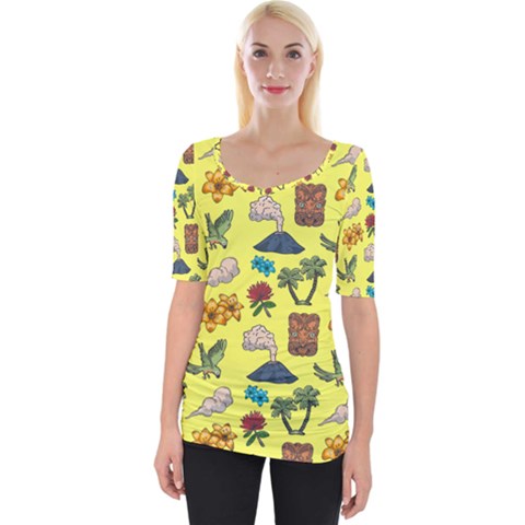 Tropical Island Tiki Parrots, Mask And Palm Trees Wide Neckline Tee by DinzDas