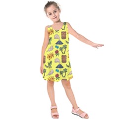 Tropical Island Tiki Parrots, Mask And Palm Trees Kids  Sleeveless Dress by DinzDas