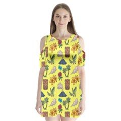 Tropical Island Tiki Parrots, Mask And Palm Trees Shoulder Cutout Velvet One Piece by DinzDas