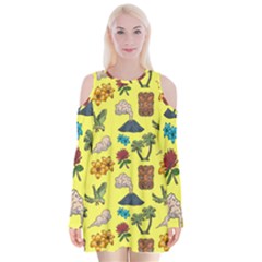 Tropical Island Tiki Parrots, Mask And Palm Trees Velvet Long Sleeve Shoulder Cutout Dress by DinzDas