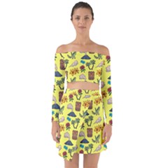 Tropical Island Tiki Parrots, Mask And Palm Trees Off Shoulder Top With Skirt Set by DinzDas