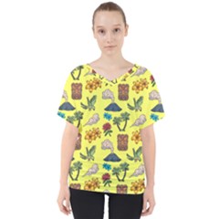 Tropical Island Tiki Parrots, Mask And Palm Trees V-neck Dolman Drape Top by DinzDas