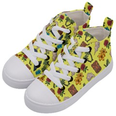 Tropical Island Tiki Parrots, Mask And Palm Trees Kids  Mid-top Canvas Sneakers by DinzDas