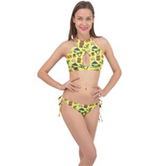 Tropical Island Tiki Parrots, Mask And Palm Trees Cross Front Halter Bikini Set by DinzDas