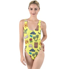 Tropical Island Tiki Parrots, Mask And Palm Trees High Leg Strappy Swimsuit by DinzDas