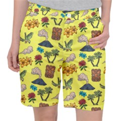 Tropical Island Tiki Parrots, Mask And Palm Trees Pocket Shorts by DinzDas