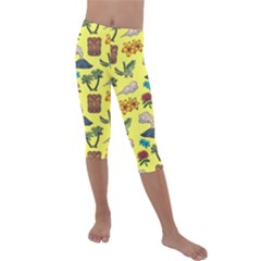 Tropical Island Tiki Parrots, Mask And Palm Trees Kids  Lightweight Velour Capri Leggings  by DinzDas